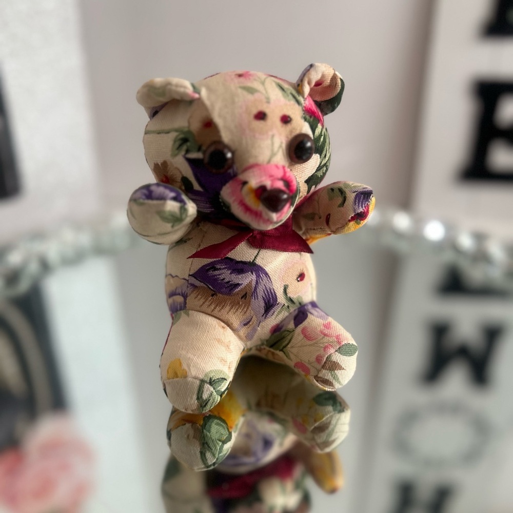 MILACA MILLS vintage Teddy Bear Plush 1989 Floral Red Bow